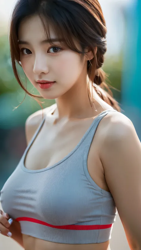 close-up of beautiful korean female, 34 inch breasts size, wearing crop tank top, bokeh background, UHD