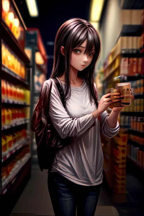 mature Beauty in casual wears at midnight convenience store, standing with beer can