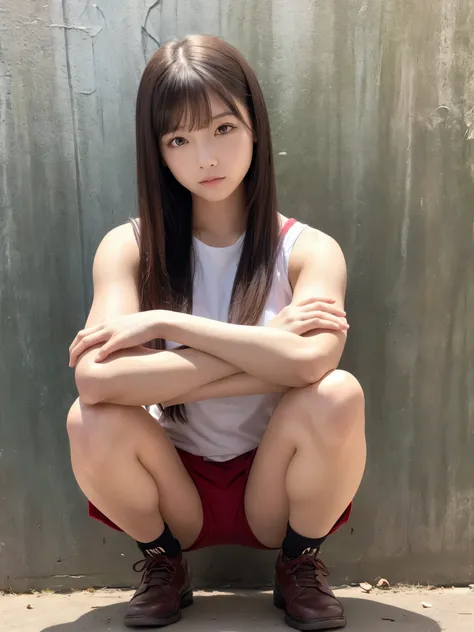 muscular girl bending arms squatting with open crotch、sitting posture、bold spread legs、(anatomically correct)、（perfect body prop...