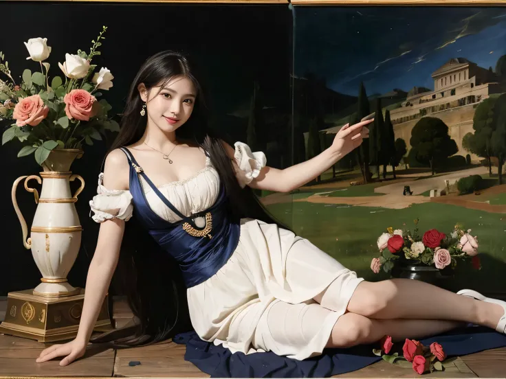 full body portrait or statue、Giorgione painting style,Arguments of two female Philosophe,math、astronomical machine、astronaut、roses in vase、fruits、Cute trinkets、smile、ancient greek costume、Ancient Roman landscape in the style of Nicolas Poussin,laughter,,Sw...