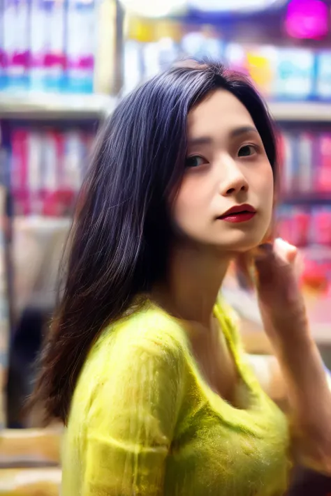 mature Beauty in room wears at midnight convenience store, taking beer can
