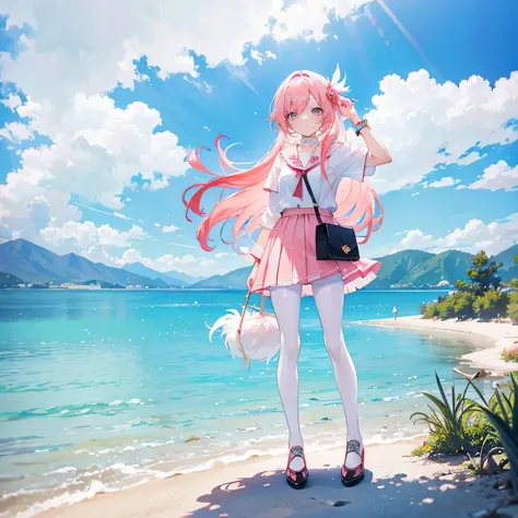 Coral pink hair，long hair，hair over one eye，gray eyes，feather hair ornament，girl，cute，casual skirt，White silk pantyhose，small leather shoes，full-body shot，whole body，Stand in the salt lake，on the lake，Sky Mirror，Background blue sky and white clouds