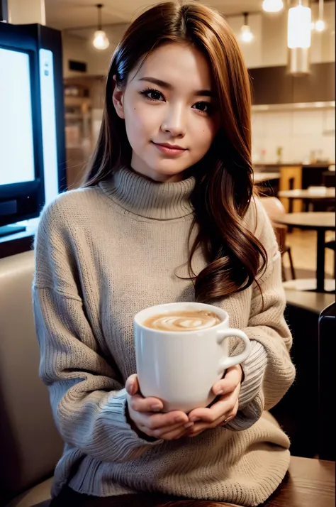 tv_daria_mxai, ,  , wearing a cozy knitted sweater, sitting in a café, holding a steaming mug with both hands, happy expression,...