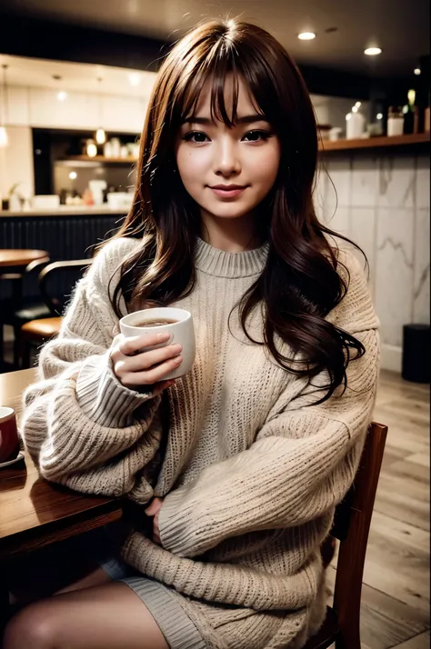 tv_daria_mxai, ,  , wearing a cozy knitted sweater, sitting in a café, holding a steaming mug with both hands, happy expression,...