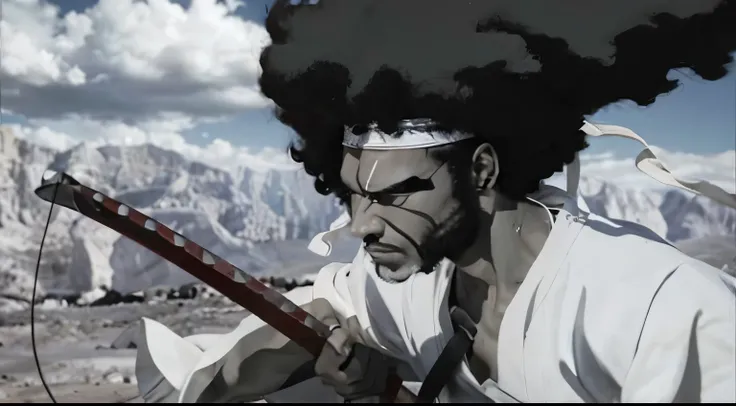 Black male, with a sword, Afro hair, white kimono, white headband, in the desert