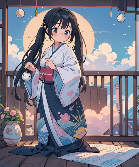 (masterpiece、highest quality、highest quality、official art、beautiful beautiful:1.2)、(1 girl:1.3)Hatsune Miku、twin tails,big breasts,A girl is looking backwards at the moon, Girl with long black hair hanging down to the floor, The 11-piece kimono is a 10-pie...