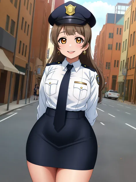 Masterpiece, best quality,solo, (detailed face), minami kotori, curvy body, smile ,white shirt,half sleeves,earrings, pencil skirt, necktie , standing,police cap,in street,looking at viewer, cowboy shot, thighs, wide hips , arms behind back 