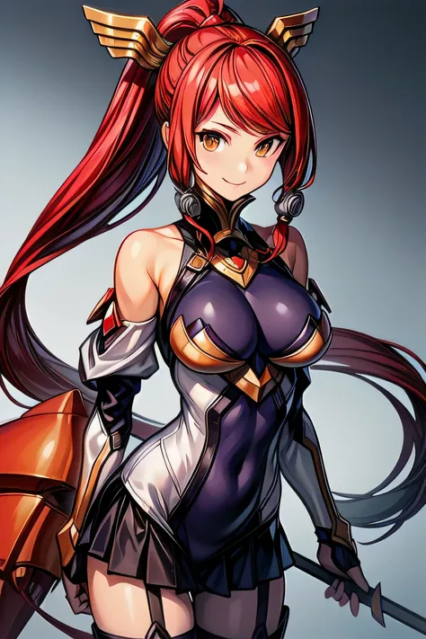 Izayoi (blazblue), orange eyes, red hair, ponytail, long hair, large breasts, armor, bodysuit, boots, skin tight, skirt, thigh boots, thighhighs, 1girl, solo, facing viewer, looking at viewer, upper body, smile,
