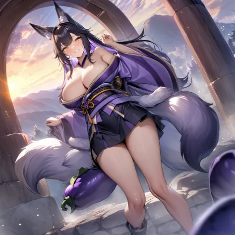 ((A woman with an eggplant-colored kimono with purple details and fur details, a short black skirt, no shoulders)), large breasts, eggplant-colored hair, kitsune ears, kitsune tails, multi-tails, yellow eyes, at the top of a mountain, with sky darkened wit...