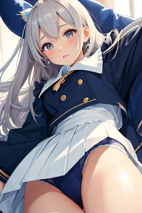 (highest quality:1.4)、High resolution、detailed background)、anatomically correct、attractive thighs、A low-angle close-up highlighting the crotch of her panties、Super close-up shot from directly below、beautiful girl、Super detailed panty stitching、Detailed cro...