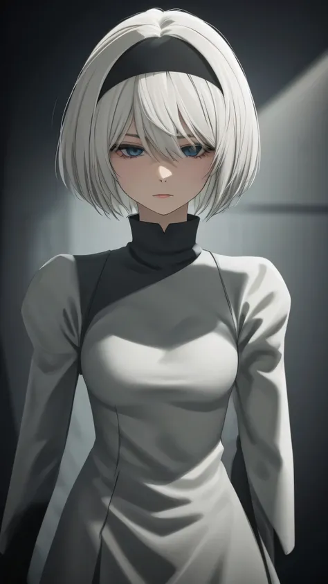 extremely detailed CG unity 8k wallpaper), (masterpiece), (best quality), (ultra-detailed), (best illustration), (best shadow), (absurdres) ,(detailed eyes), 2b, 1girl, short hair, white hair, solo, Intimidating women, admiral uniform, night, hero pose, wh...