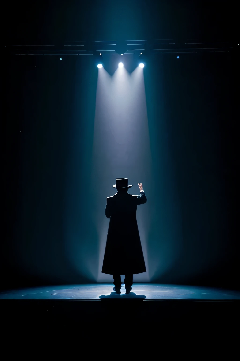 a black curtain opening with a silhouette of a magician wearing a coat standing in front of it, with shadows of the magician ini the stage, bowing down to a lot of people in front while having his top hat in his hand, light illuminating the magician, facin...