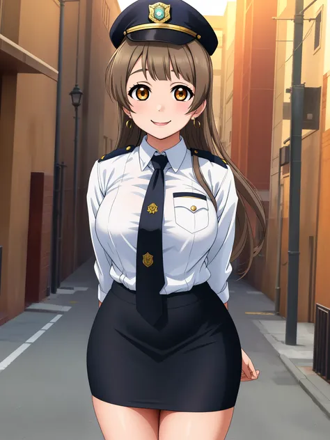 Masterpiece, best quality,solo, (detailed face), minami kotori, curvy body, smile ,white shirt,half sleeves,earrings, pencil skirt, necktie , standing,police cap,in street,looking at viewer, cowboy shot, thighs, wide hips , arms behind back ,solo focus