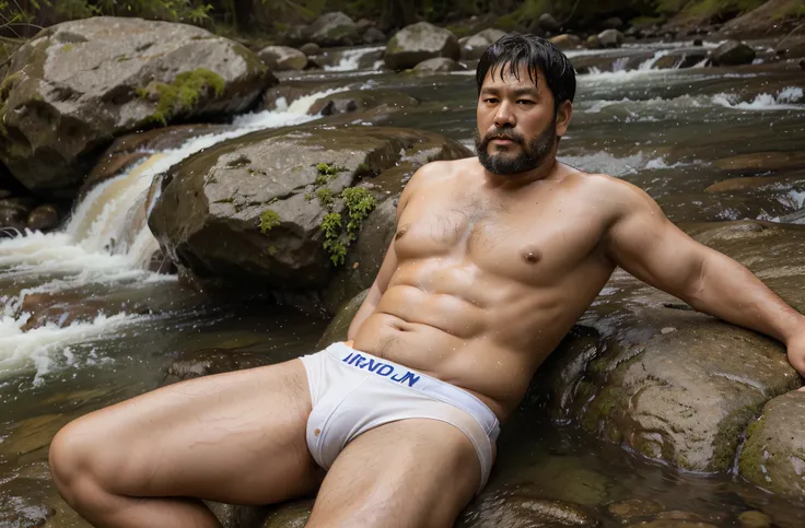 A 50-year-old Japanese former rugby player in wet white briefs sits with his legs spread wide open by a mountain stream。stocky chubby thick 　short beard　very short hair　 Topless