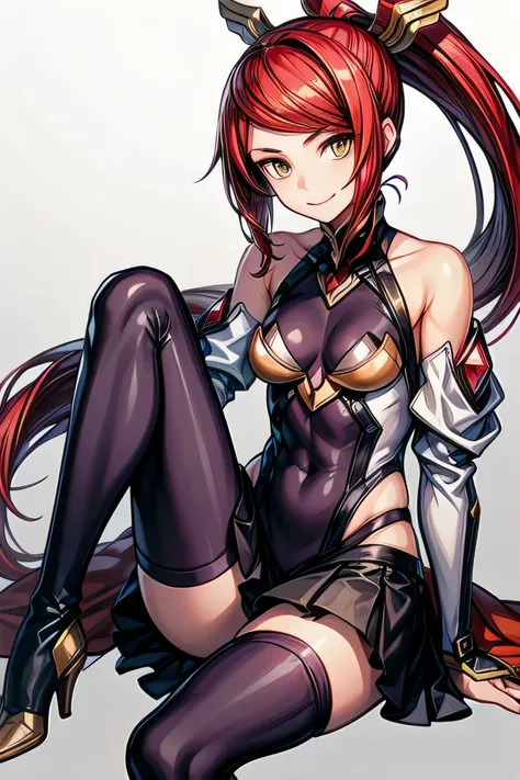 izayoi (blazblue), orange eyes, red hair, ponytail, long hair, small breasts, armor, bodysuit, boots, skin tight, skirt, thigh b...