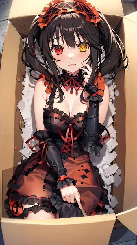 KurumiBase, (clock eyes), heterochromia, twintails, hairband, red dress, frills, detached sleeves, frilled choker, in_box, nsidebox, boxrelaxed, in box, in container, inside cardboard box, box with packing peanuts