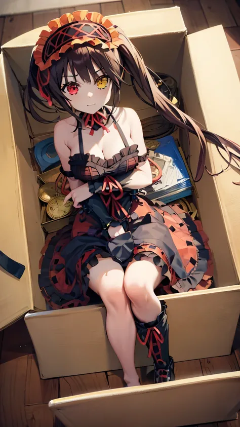 KurumiBase, (clock eyes), heterochromia, twintails, hairband, red dress, frills, detached sleeves, frilled choker, insidebox, boxrelaxed, in box, in container, (inside cardboard box, box with packing peanuts:0.8), sitting, crossed legs, closed mouth