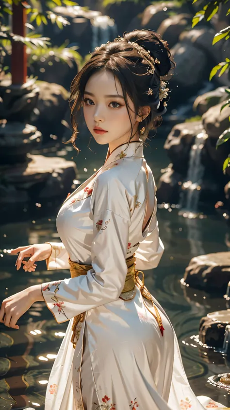 Best quality, masterpiece, highres (1.4), wuxia 1girl, clad in an exquisite China dress, revealed her super gorgeous face, adorned with delicate makeup and a serene expression. Her long, flowing hair, cascading down her back, shimmered under the sunlight, ...