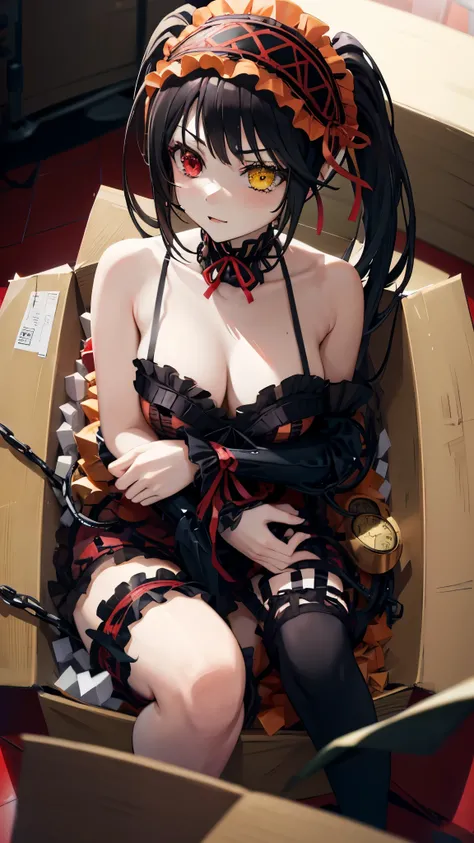 KurumiBase, (clock eyes), heterochromia, twintails, hairband, red dress, frills, detached sleeves, frilled choker, in_box, nsidebox, boxrelaxed, in box, in container, inside cardboard box, box with packing peanuts