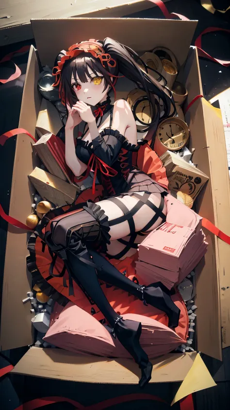 KurumiBase, (clock eyes), heterochromia, twintails, hairband, red dress, frills, detached sleeves, frilled choker, in_box, nsidebox, boxrelaxed, in box, in container, inside cardboard box, box with packing peanuts