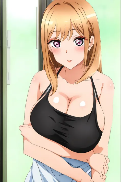 very bright and clear color ,Marin Kitagawa - My Dress-Up Darling A cute anime girl with big breasts , black tank top, looking straight at camera natural sagging breast