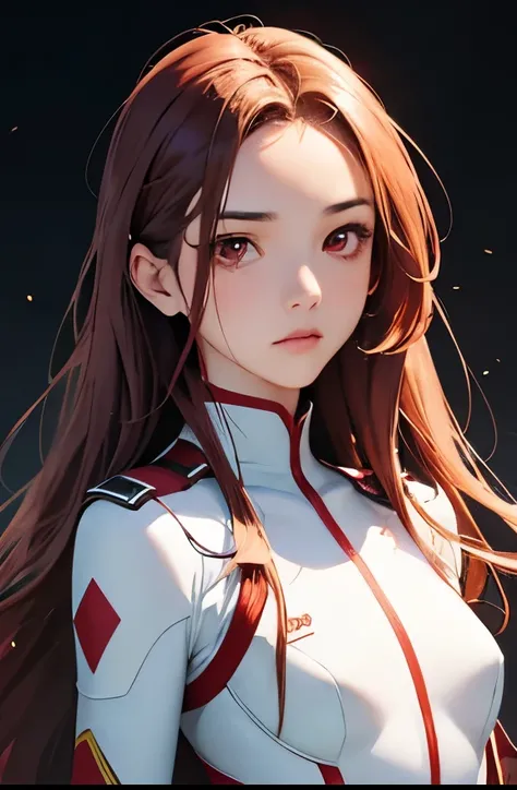 highest quality、realistic、Japanese、girl、zoom、look up、Rin々work、red eyes、long hair、chestnut hair、all back、The forehead is out、White Hero Suit、shiny bodysuit、action pose、Sweat、bust shot、slender、small breasts、