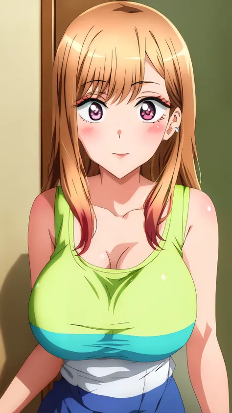 very bright and clear color ,marin kitagawa - my dress-up darling a cute anime girl with big breasts , black tank top, looking s...