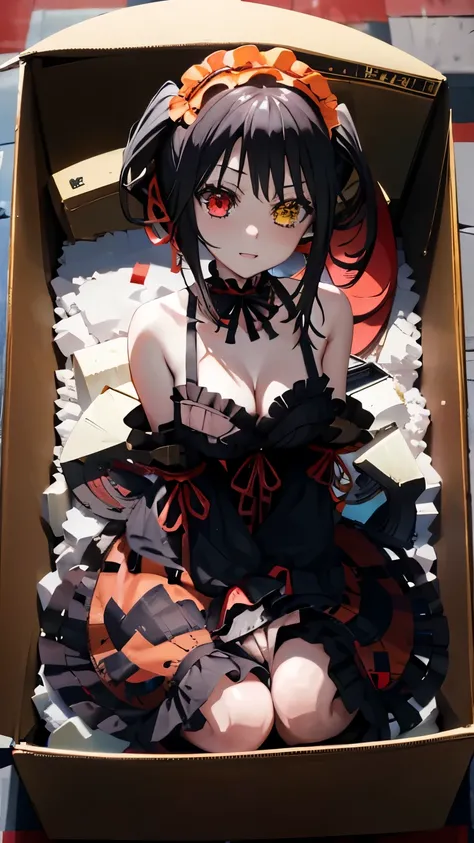 KurumiBase, (clock eyes), heterochromia, twintails, hairband, red dress, frills, detached sleeves, frilled choker, in_box, nsidebox, boxrelaxed, in box, in container, inside cardboard box, box with packing peanuts