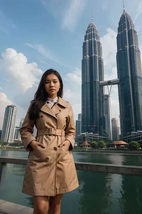 Beautiful Indonesian woman in a coat standing in front of the Malaysian Twin Towers. indonesian girl, in malaysia, indonesian woman, 24 years old, in front of the petronas twins towers malaysia, with petronas view, beautiful high resolution, malaysia, shut...