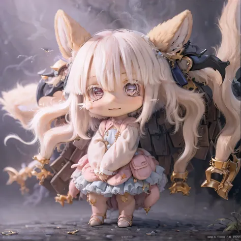 in the garden, smiling girl, similar to nanachi from made in abyss. she is beautiful, fine eyes and lips. the girl is (((chibi s...