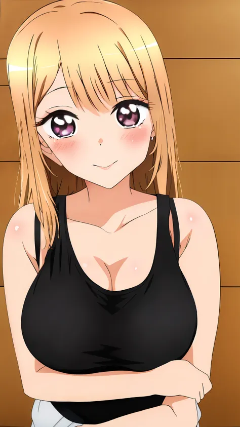 very bright and clear color ,marin kitagawa - my dress-up darling a cute anime girl with big breasts , black tank top, looking s...