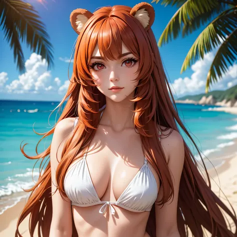 Raphtalia. beautiful woman 55 years old bear ears, cabello naranja . red eyes like rubies. rostro serio .cejas cortas. Small eyebrows, pechos grandes. rostro serio. orejas de oso. cejas cortas. white bikini blanco. fondo playa solitaria