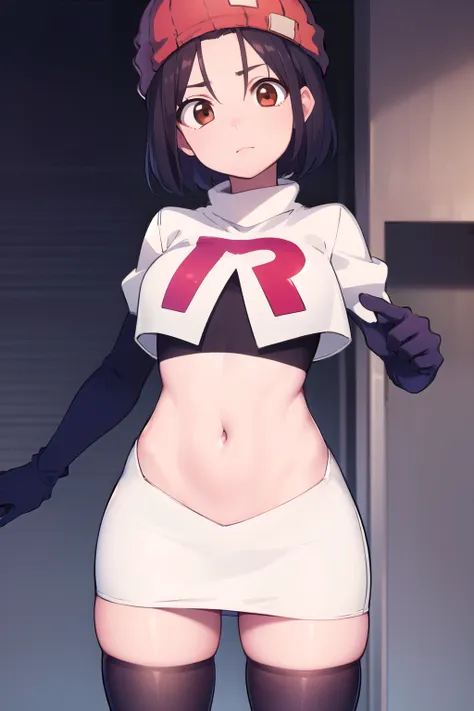 fuukoizumo, fuuko izumo, black hair, hair between eyes, (brown eyes:1.5), short hair,
break team rocket,team rocket uniform, red...