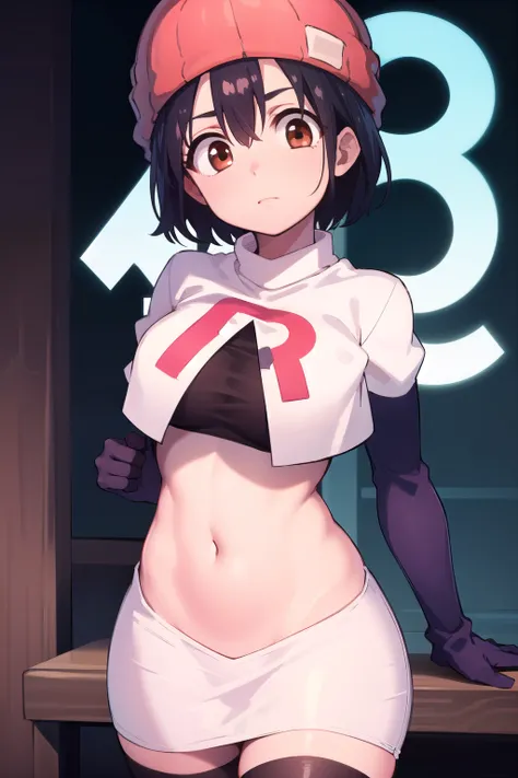 fuukoizumo, fuuko izumo, black hair, hair between eyes, (brown eyes:1.5), short hair,
BREAK team rocket,team rocket uniform, red letter R, white skirt,white crop top,black thigh-highs,black elbow gloves, beanie, (red beanie:1.2),
BREAK looking at viewer, (...
