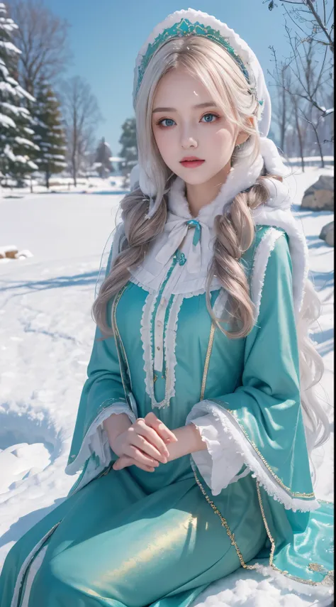 ( (8K:1.27), Best quality at best, tmasterpiece, ultra high resolution:1.2)，1 girl,Turquoise pupils，Clear face， Sitting, Beautiful lolita costume，Cloak，(Snow, Outdoor activities in winter:1.2)