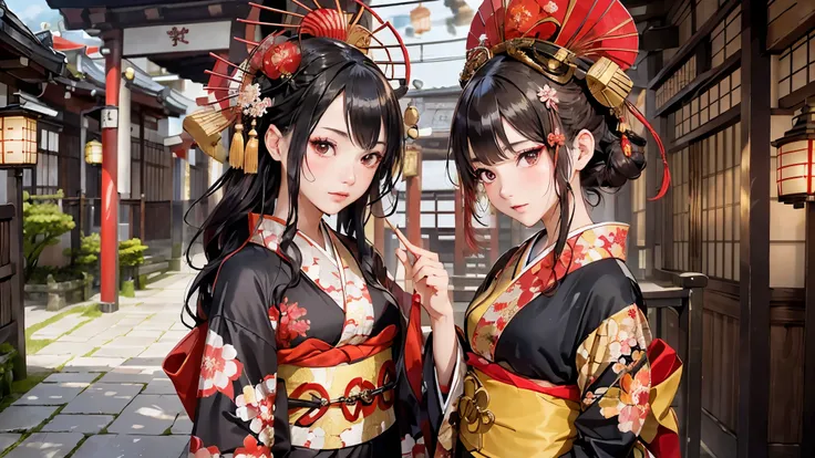 (Oiran:1.4)、1 girl,black hair fringe long hair、braided hair、messy hair、The extraordinary beauty of light brown eyes)、(dignified expression)、(Traditional kimono with colorful and shiny luxury Japan:1.4)、(:1.4)、(Photoreal)、(intricate details:1.2)、(masterpiec...
