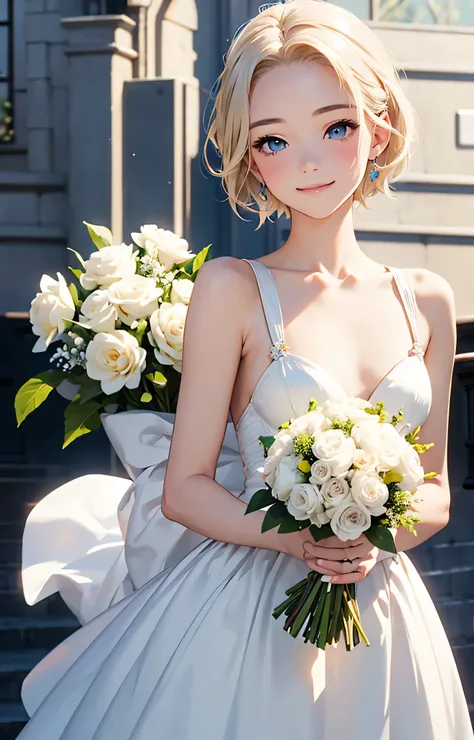 highest quality、realistic、Japanese、girl、zoom、Looking down、smile、happiness、light blue eyes、short hair、blonde hair、all back、The forehead is out、Wedding dress、holding a bouquet、bust shot、slender、small breasts、