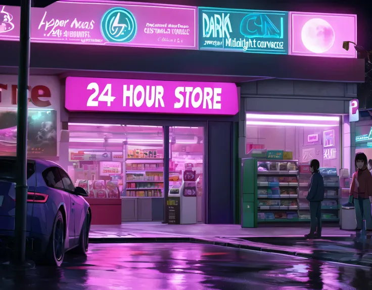 general shot, ((large midnight convenience store from another world, another planet, futuristic, with aliens buying: 1.5)), (tow...