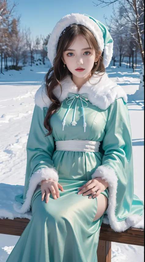 ( (8K:1.27), Best quality at best, tmasterpiece, ultra high resolution:1.2)，1 girl,Turquoise pupils，Clear face， Sitting, Beautiful lolita costume，Cloak，(Snow, Outdoor activities in winter:1.2)