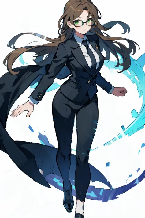 8K デリケートパーフェクトリアル 2D whole body写真、through background、white background、To the tips of the shoes、black suit jacket、white shirt、tie、Black pantsuit、whole body、bright smile、bare hands、young woman 、Slender、brown hair、long hair、With parting、green eyes、Glasses