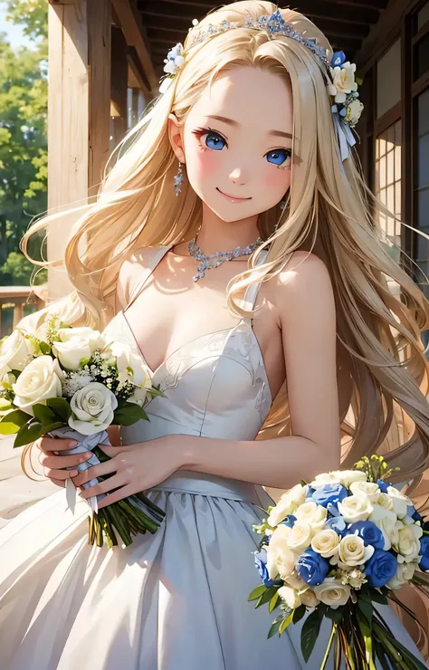 highest quality、realistic、Japanese、girl、zoom、Looking down、smile、happiness、light blue eyes、long hair、blonde hair、all back、The forehead is out、wedding style、Wedding dress、holding a bouquet、bust shot、slender、small breasts、