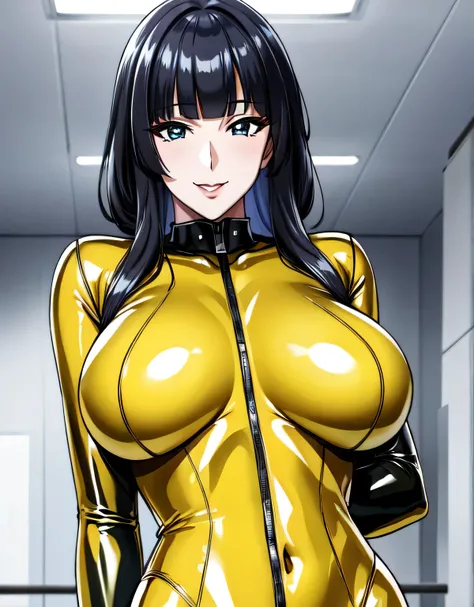 (large breasts:1.5),(shiny hair),((solo)),((masterpiece)),((best quality)),perfect anatomy,slim waist,perfect image,8k UHD,(beautiful detailed eyes:1.3),extremely detailed face,standing,(upper body:1.2),(look at the front:1.5),arms behindback,ultra-detaile...