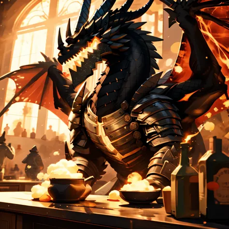 on the counter of a shop full of glowing potions，a dragon in a medieval tight-fitting costume，there is a huge bulge，greet you wi...