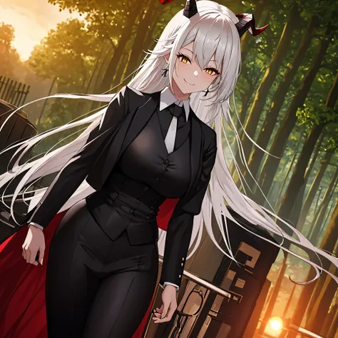 A woman wearing a black suit, white t-shirt inside the suit, white tie, tight black pants, black top hat, horns, walking through a city at sunset, forest in the background, smiling, silver hair, red bangs in her hair, yellow eyes , smiling, HDR, ultra reso...