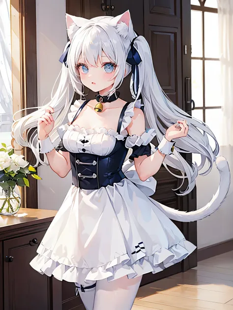 masterpiece, {{{{highest quality}}}},  beautiful, 1girl, light_blue eyes, white hair, {twintails}, {{maid}}, miniskirt, white ca...