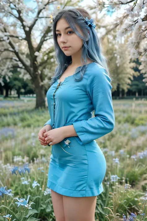 (absurdres, highres, ultra detailed, UHD, cinematic), solo, 1girl, mature, happy, girl standing in light blue flower field, light blue flower petal surrounding girl, full body, blue long hair girl, light blue hair, fantasy, dreamy, snowy, official art, pop...