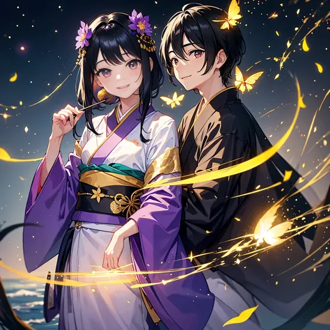 black hair、golden eye、beautiful、juvenile、fireflies fly around、Black and purple firefly and moon pattern wearing kimono、Holding a folding fan、male、smiling、Near the river