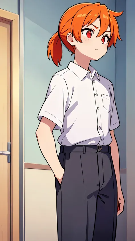 15 year old boy,Orange hair and red eyes,short ponytail,tall,White shirt and grey slacks,Mature