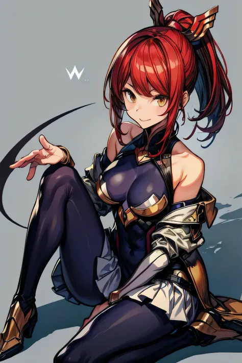 Izayoi (blazblue), orange eyes, red hair, ponytail, long hair, Small breasts, armor, bodysuit, boots, skin tight, skirt, thigh boots, thighhighs, 1girl, solo, facing viewer, looking at viewer, upper body, smile, Sitting
