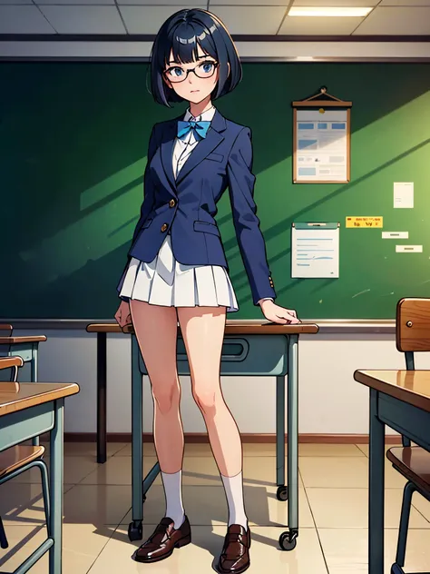 masterpiece, best quality, 1girl, solo, solo focus, brown shoes, matching shoes, white socks, matching socks, (blazer, blue blazer), (white skirt, pleated skirt, miniskirt), glasses (high school girl), standing, standing straight, school backdrop, dark blu...